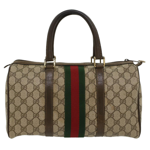 GUCCI GG Canvas Web Sherry Line Boston Bag PVC Leather Beige Green Auth ki3376 - Picture 2 of 16